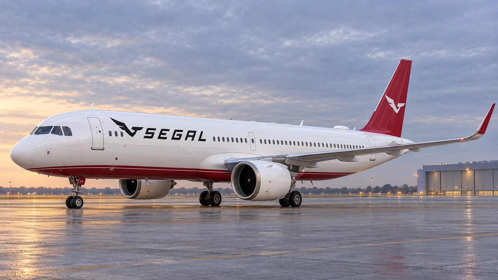 Airbus A321neo in Segal livery, front three-quarter — illustrative rendering